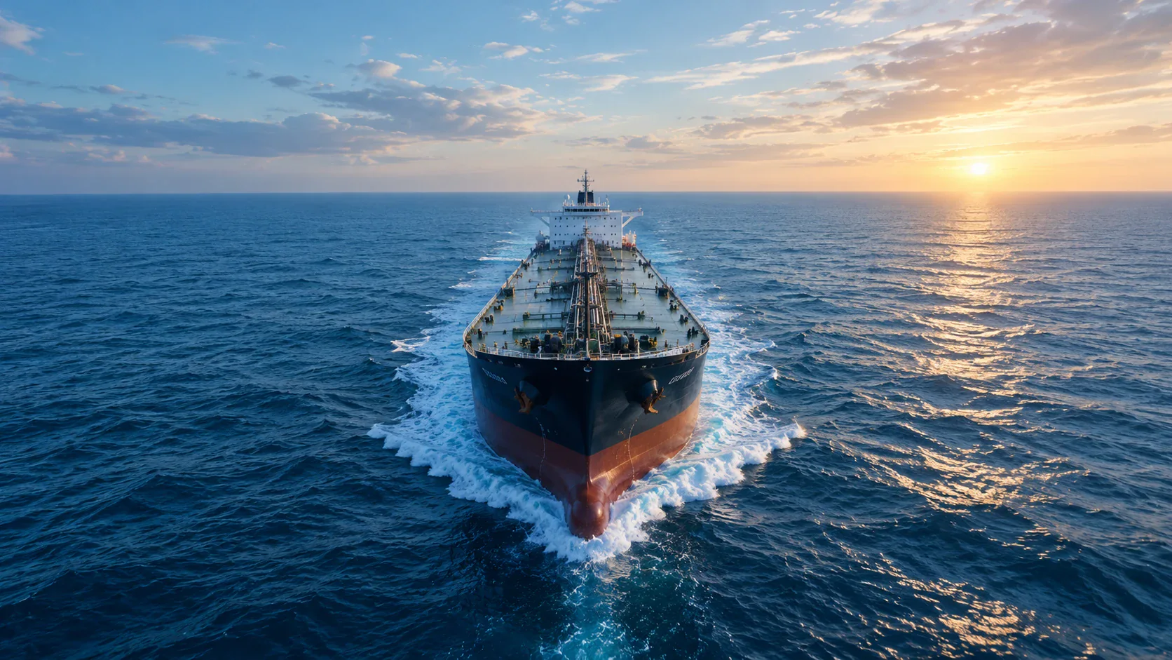 An oil tanker under way on open sea at sunset