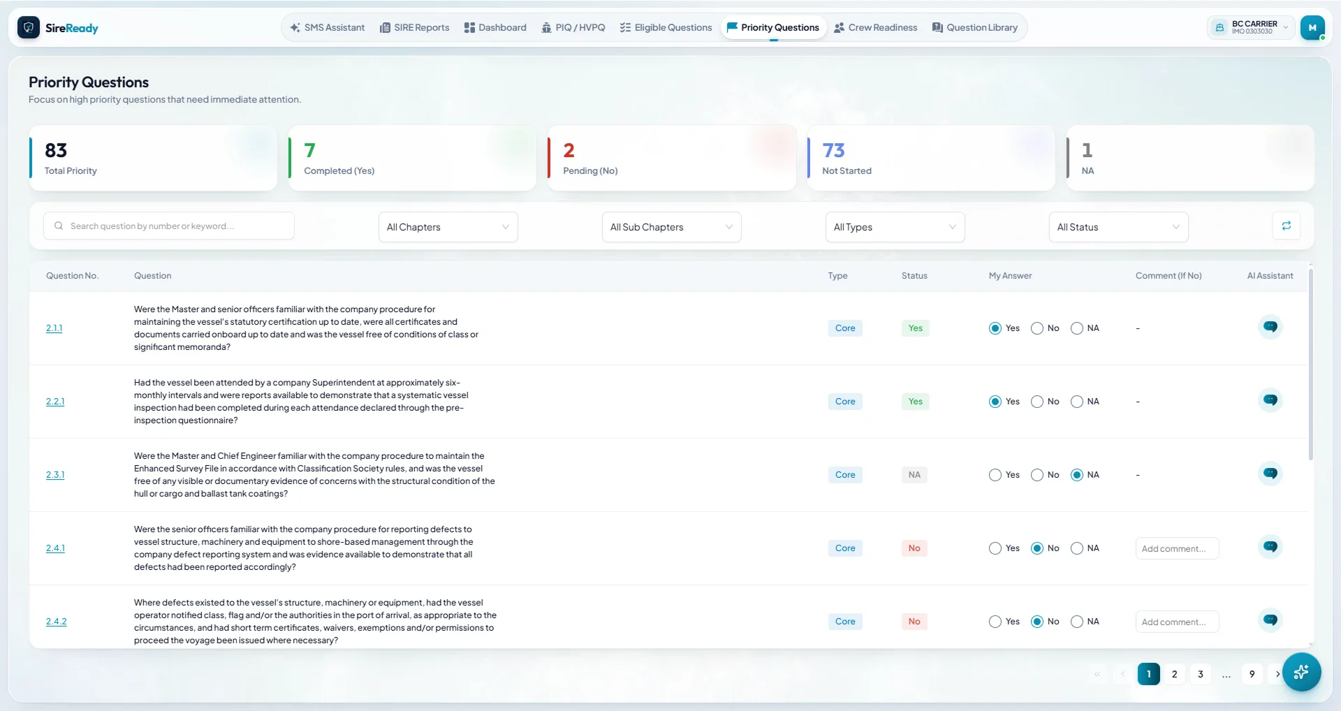 Priority questions with answers, comments and an AI assistant on every row